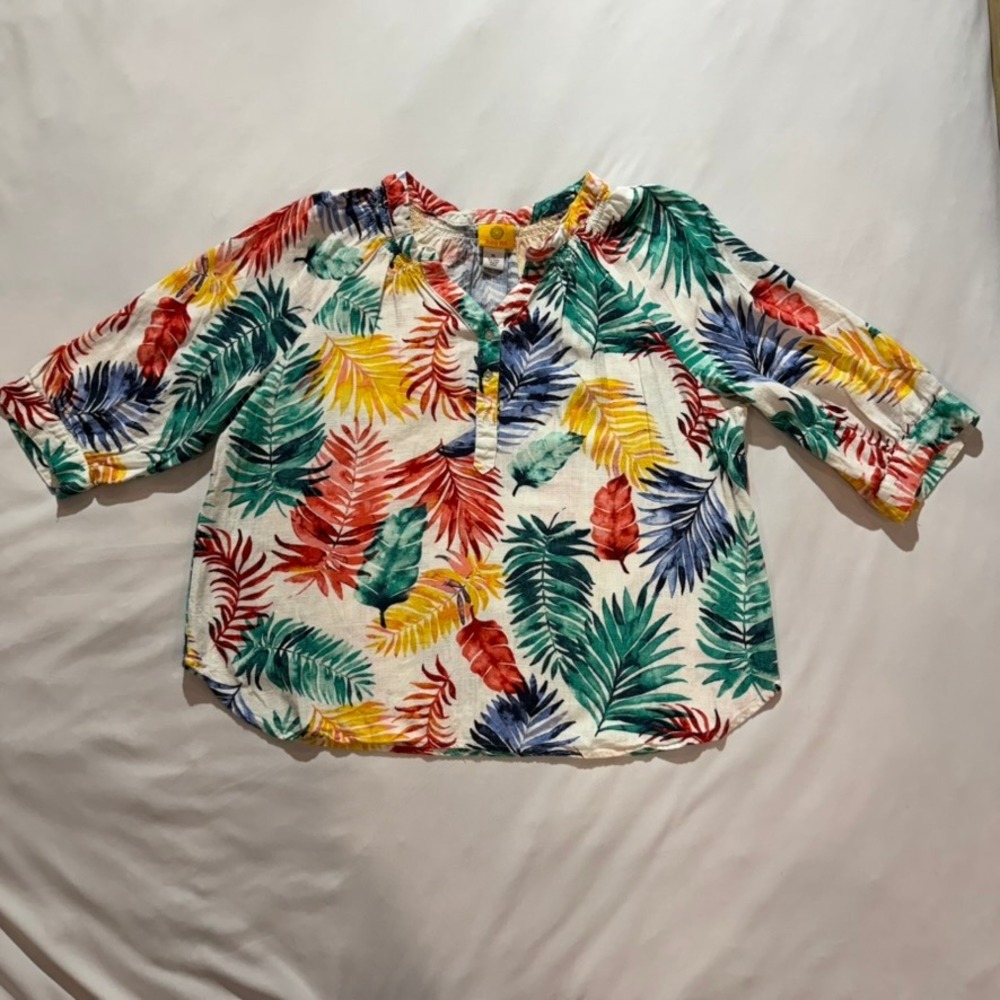 Ruby Rd Tropical Palm Leaf Top Womens XL Multicolor Linen Blend 3/4 Sleeve Beach